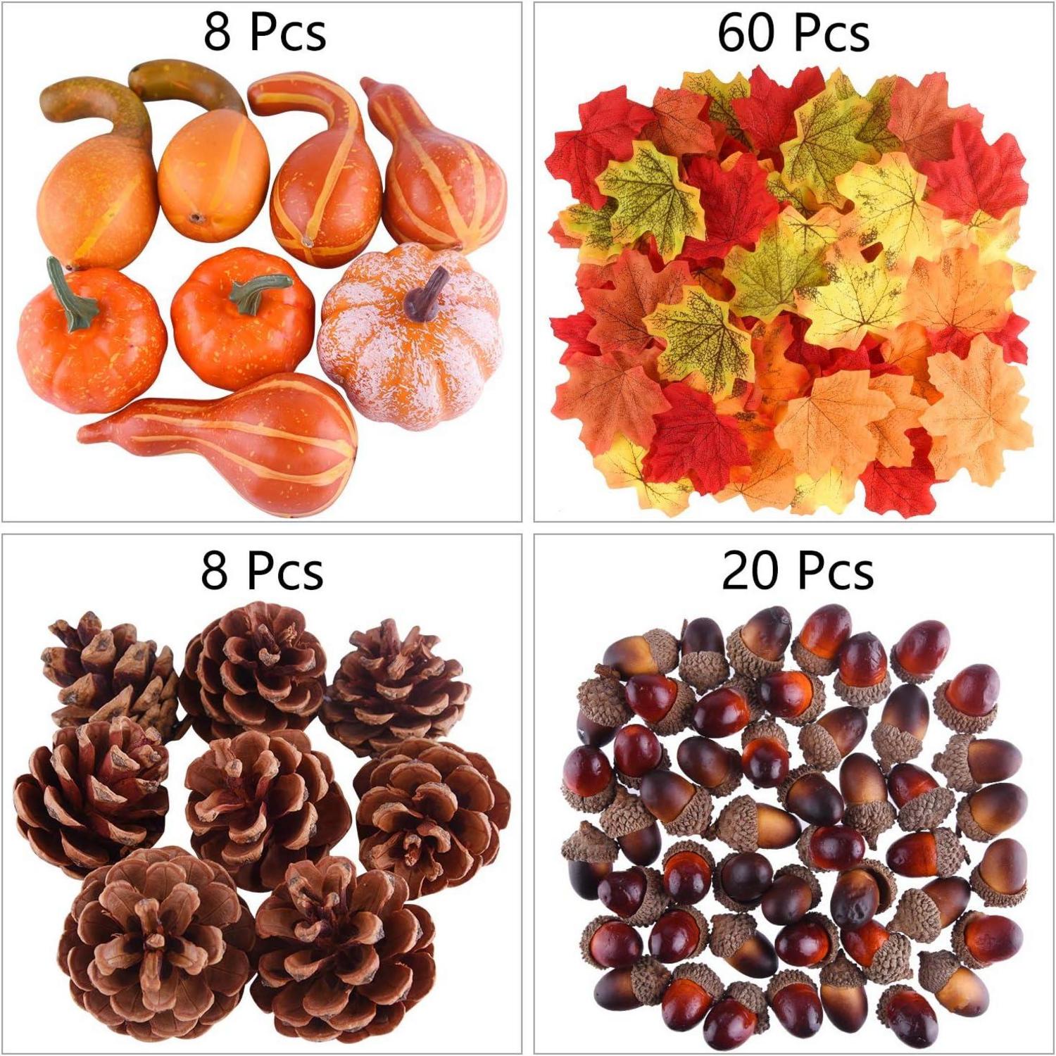 Herbst Deko Set 96-teilig Kürbisse Tannenzapfen Eicheln