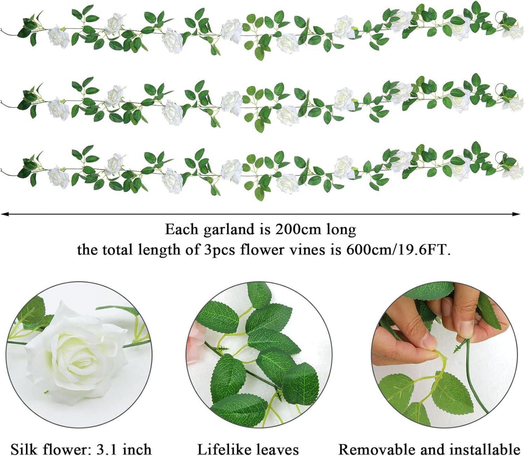 Künstliche Weiße Rose Blumengirlande Hochzeit Deko 3er Pack 200cm