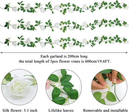 Künstliche Weiße Rose Blumengirlande Hochzeit Deko 3er Pack 200cm