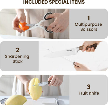 Velaze 8-teilig Küchenmesser Set Edelstahl Messerblock Fleisch Brot