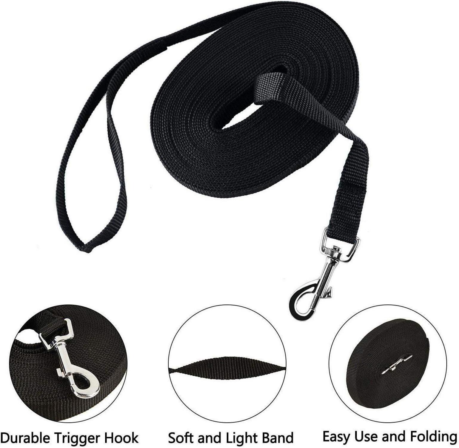 HAPPY HACHI Schleppleine für Hunde 33m Nylon Trainingsleine D-Karabiner Griffpolster Schwarz
