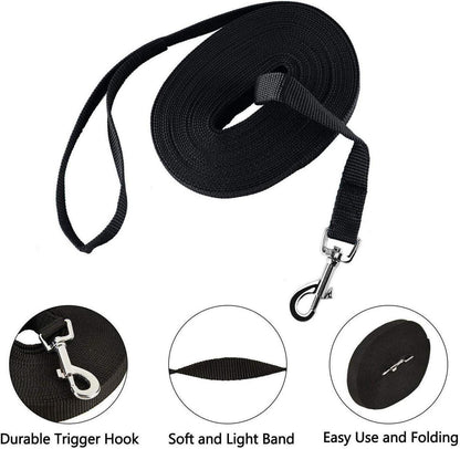 HAPPY HACHI Schleppleine für Hunde 33m Nylon Trainingsleine D-Karabiner Griffpolster Schwarz