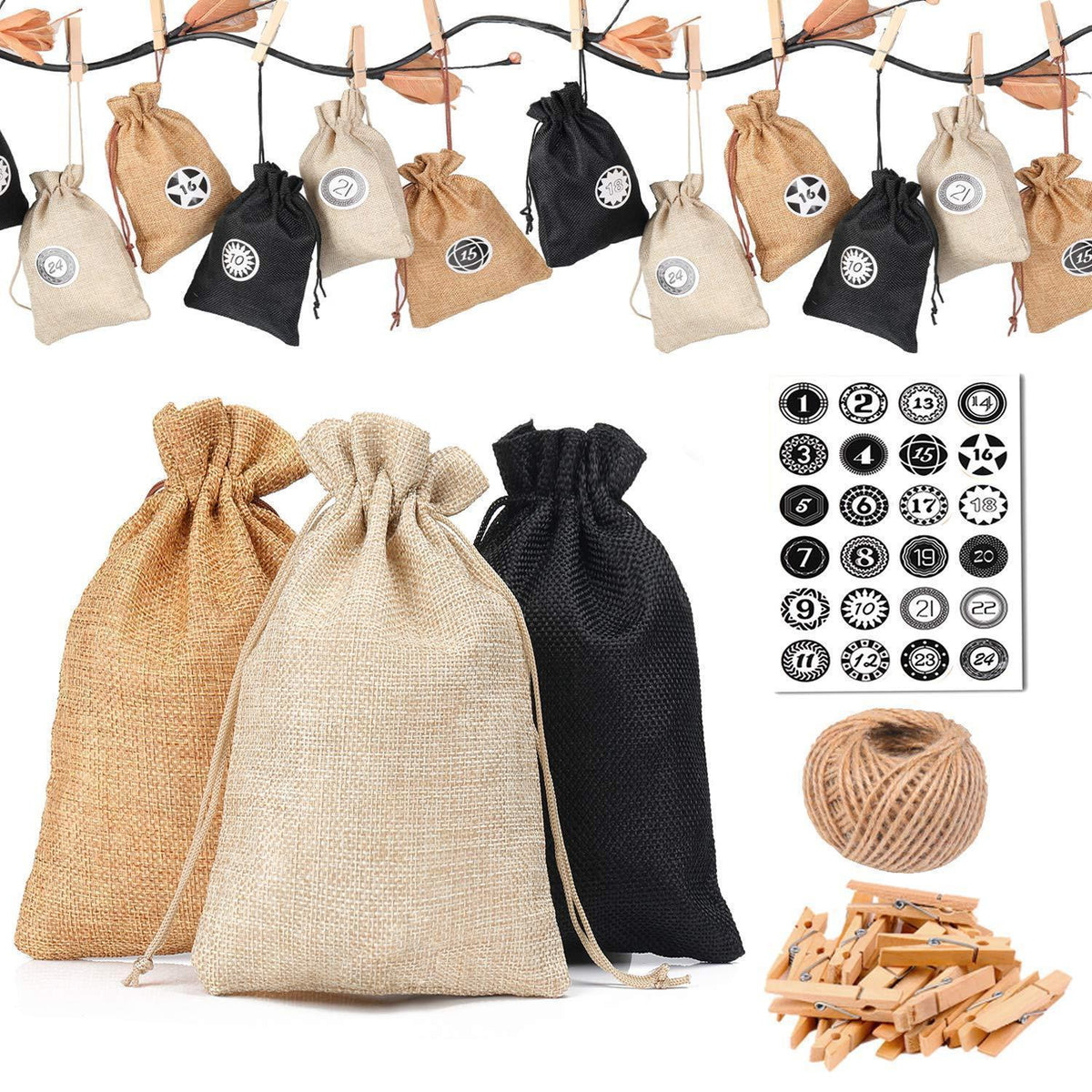 Adventskalender Stoffbeutel Set mit Zahlenaufkleber & Jutebeutel