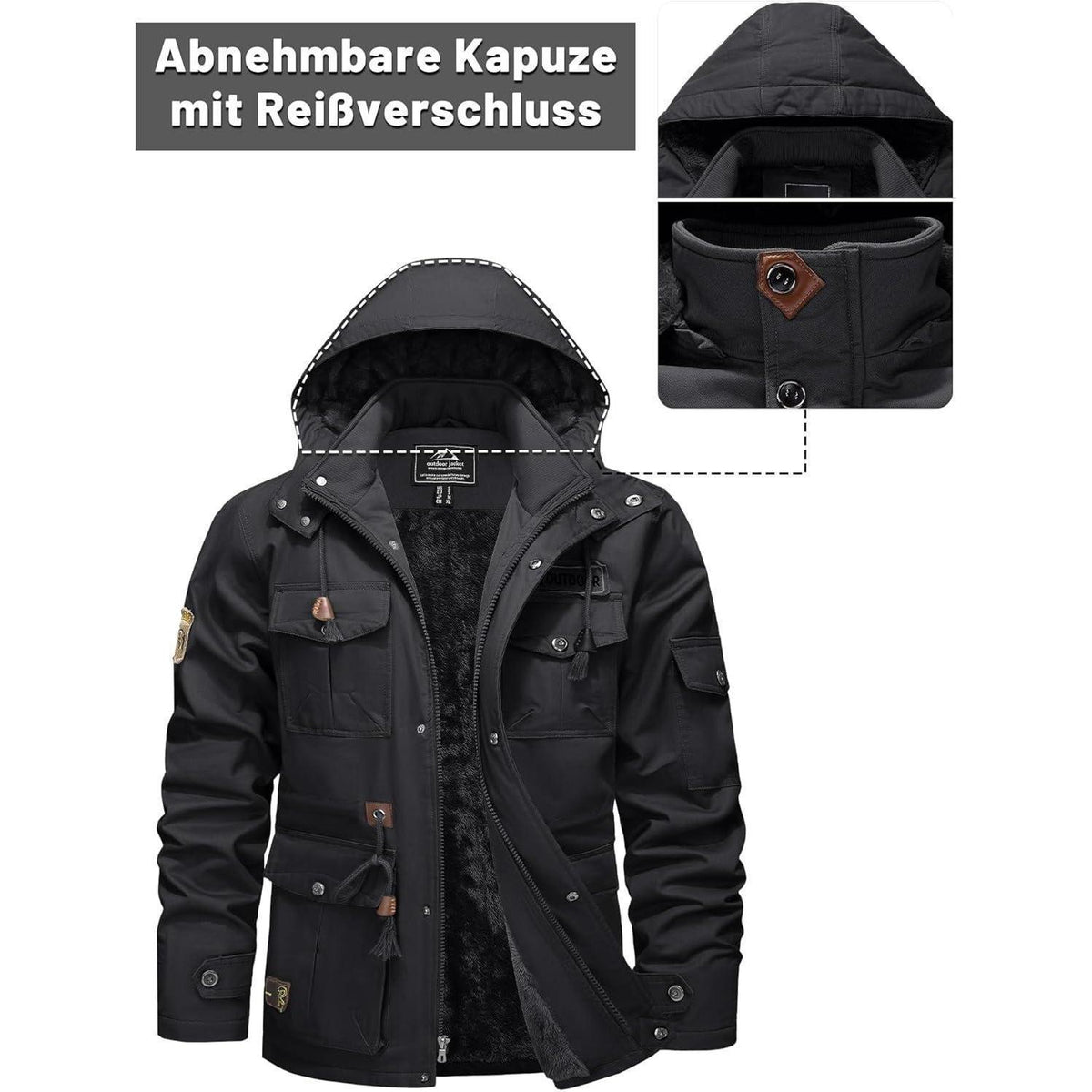 Herren Winterjacke Warm Gefüttert Militärstil Grau XXL