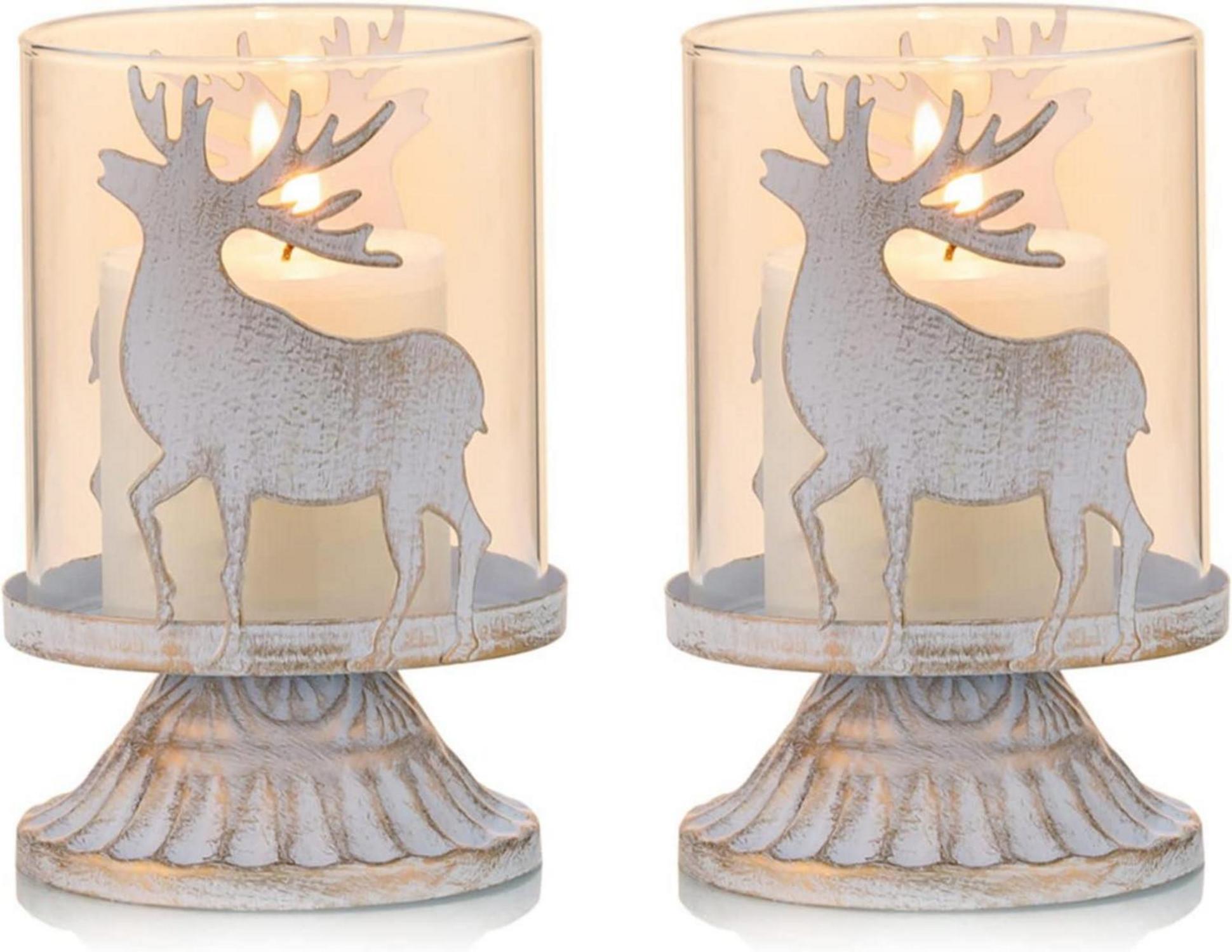 Kerzenhalter Set 2 Stk. weißes Metall Dekoration Hurrikan-Glas Shabby