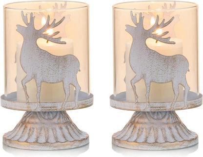 Kerzenhalter Set 2 Stk. weißes Metall Dekoration Hurrikan-Glas Shabby