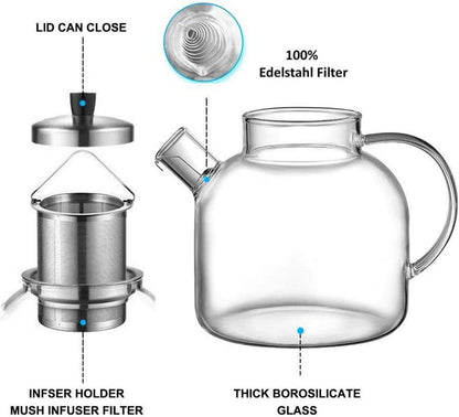 Teekanne 1500ml Borosilikatglas Edelstahl-Sieb Teebereiter