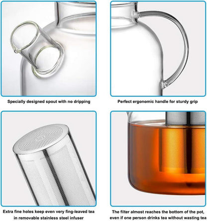 Teekanne 1500ml Borosilikat Glas Edelstahl-Sieb Teebereiter
