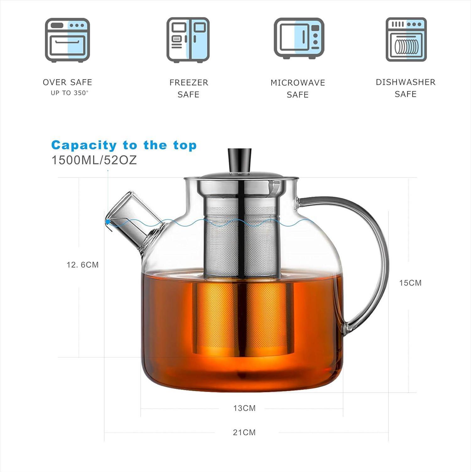 Ehugos Teekanne 1500ml Borosilikatglas Edelstahl-Sieb Teebereiter