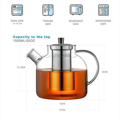 Ehugos Teekanne 1500ml Borosilikatglas Edelstahl-Sieb Teebereiter