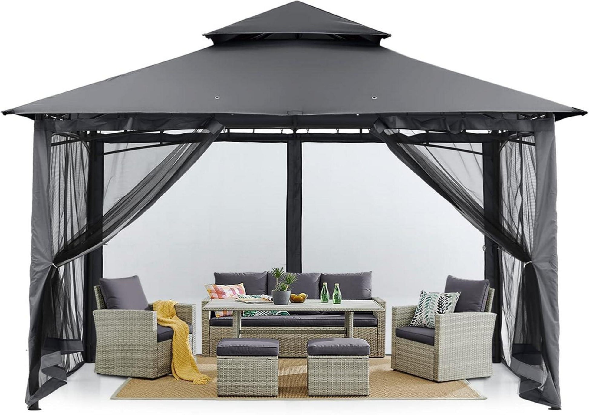 Gartenpavillon Doppeldach mit 4 Netz Dunkelgrau 3x3m