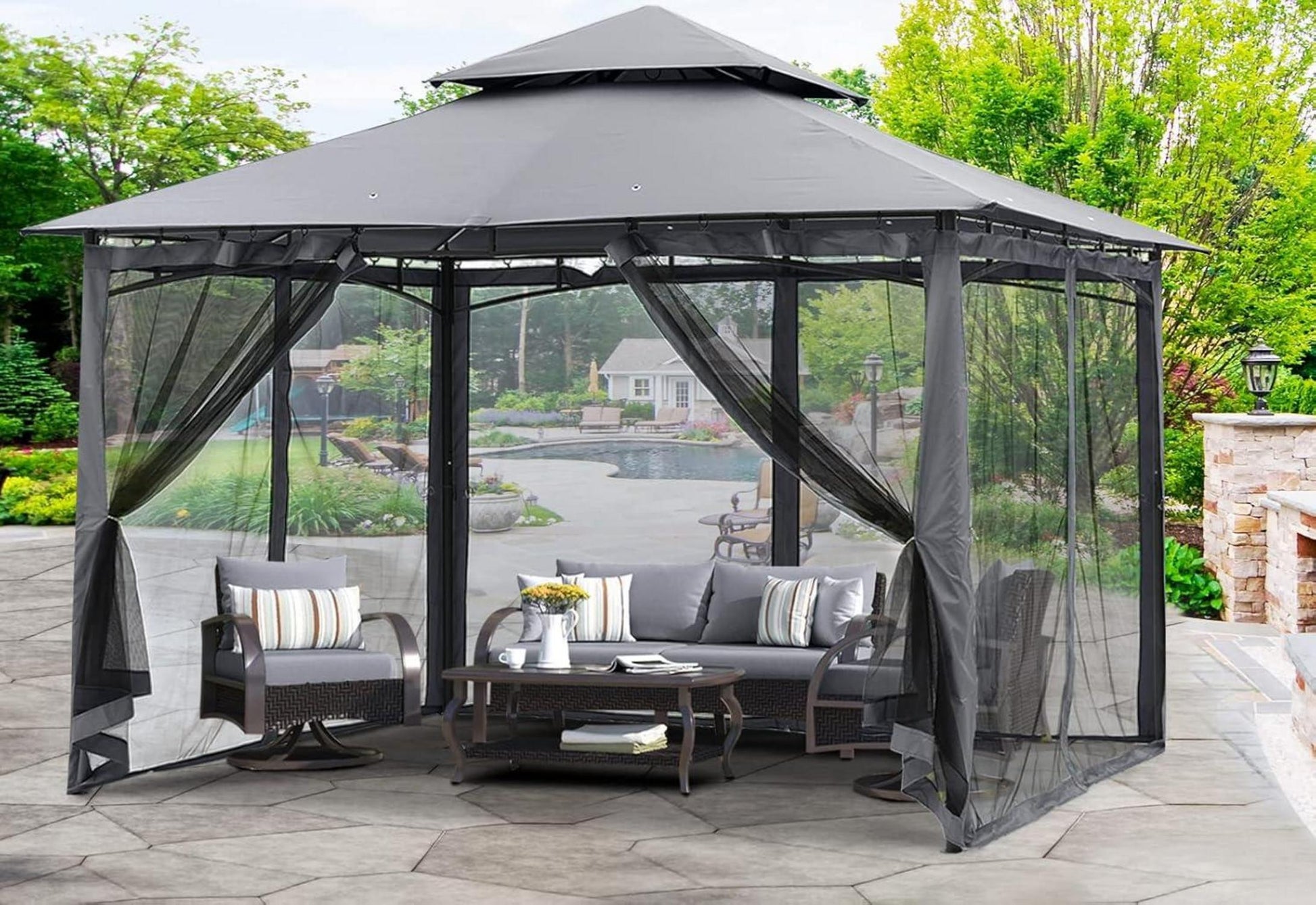 Doppeldach Gartenpavillon 3x3m mit 4 Netz, Dunkelgrau, wasserabweisend