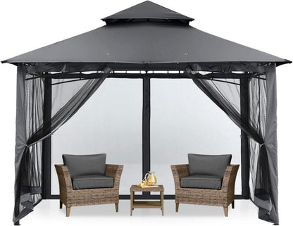 Gartenpavillon Doppeldach mit 4 Netz Dunkelgrau