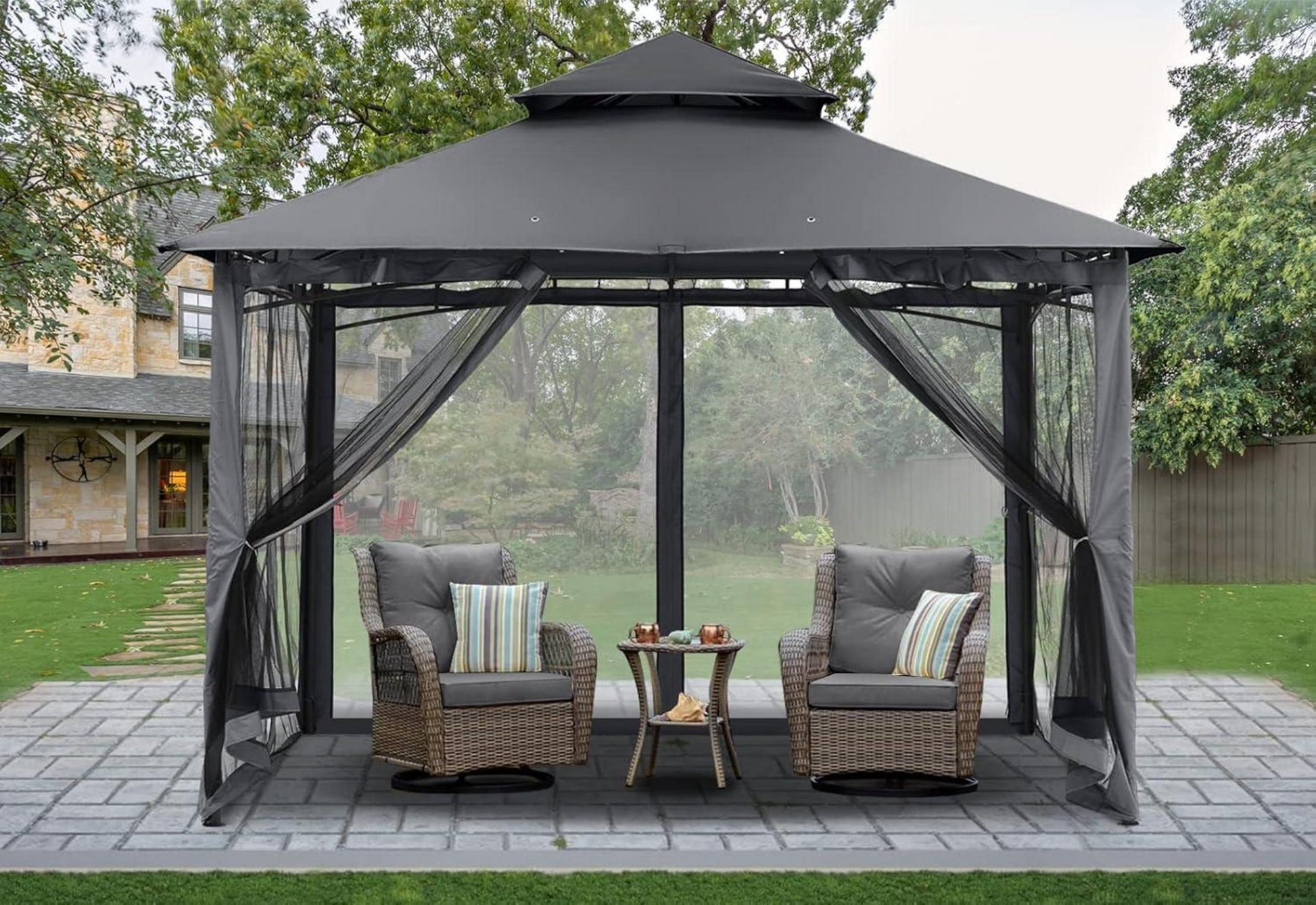 Gartenpavillon 2,5 m Doppeldach mit 4 Netz dunkelgrau Haken
