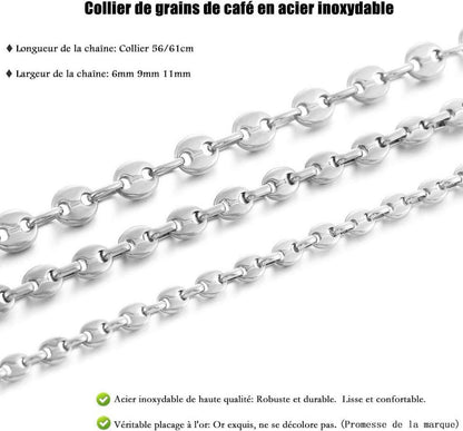 Kaffeebohne Halskette Herren Edelstahl 6/9/11mm Silber