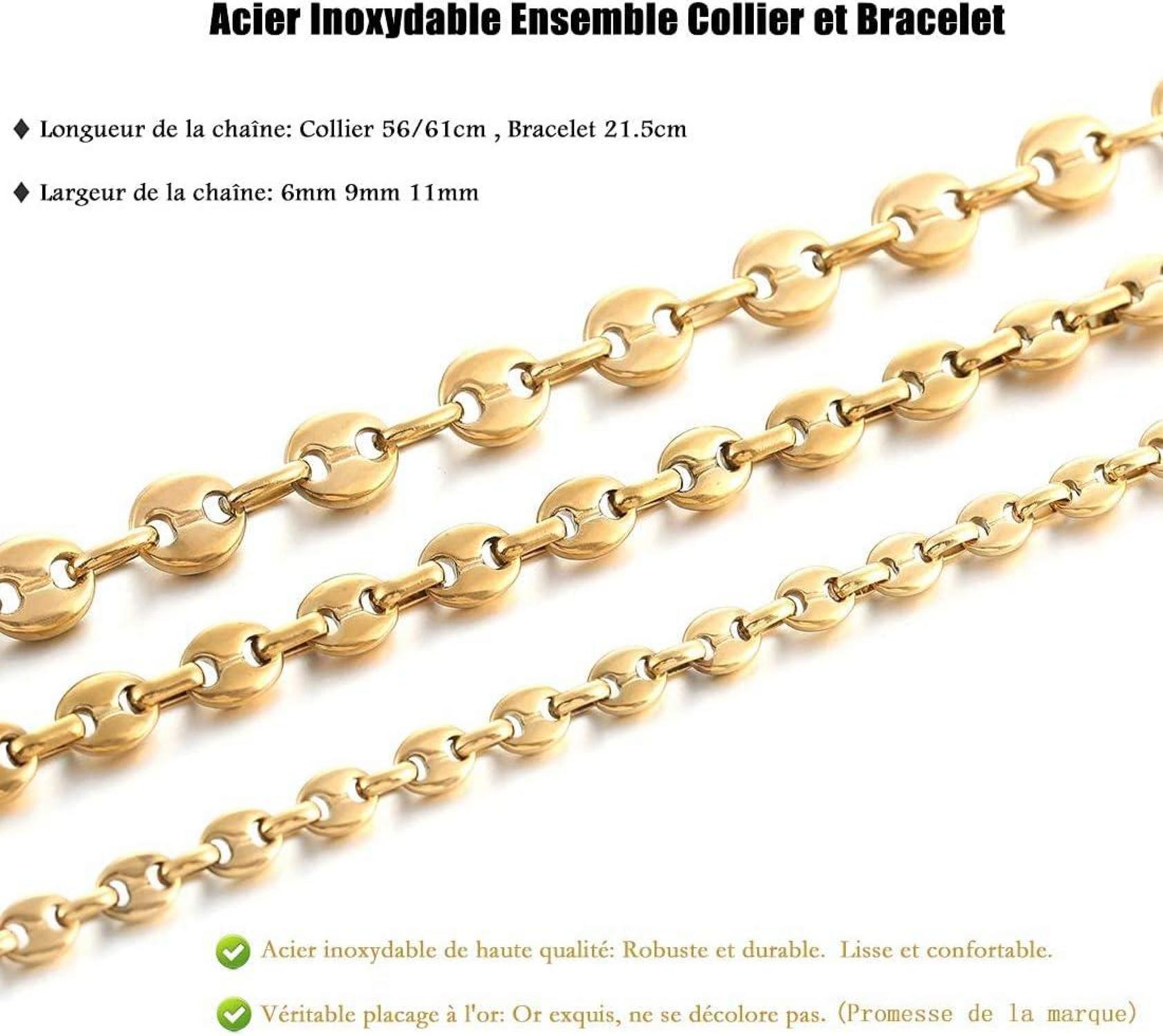 AFSTALR Halskette Herren Edelstahl 6/9/11mm Kaffeebohne Armband Set Silber/Gold/Schwarz 51/56/61CM