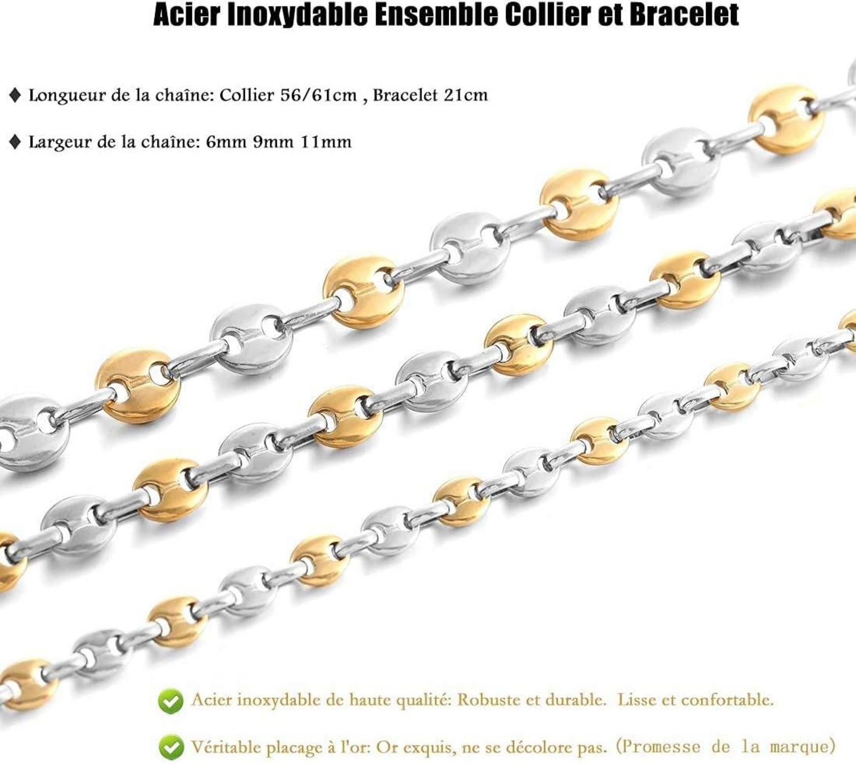 AFSTALR Herren Halskette Edelstahl Kaffeebohne Armband Set Silber Gold 51/56/61CM
