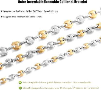 AFSTALR Herren Halskette Edelstahl Kaffeebohne Armband Set Silber Gold 51/56/61CM