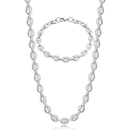 Herren Kaffeebohnen Kette & Armband Set Edelstahl 6mm Silber 51cm