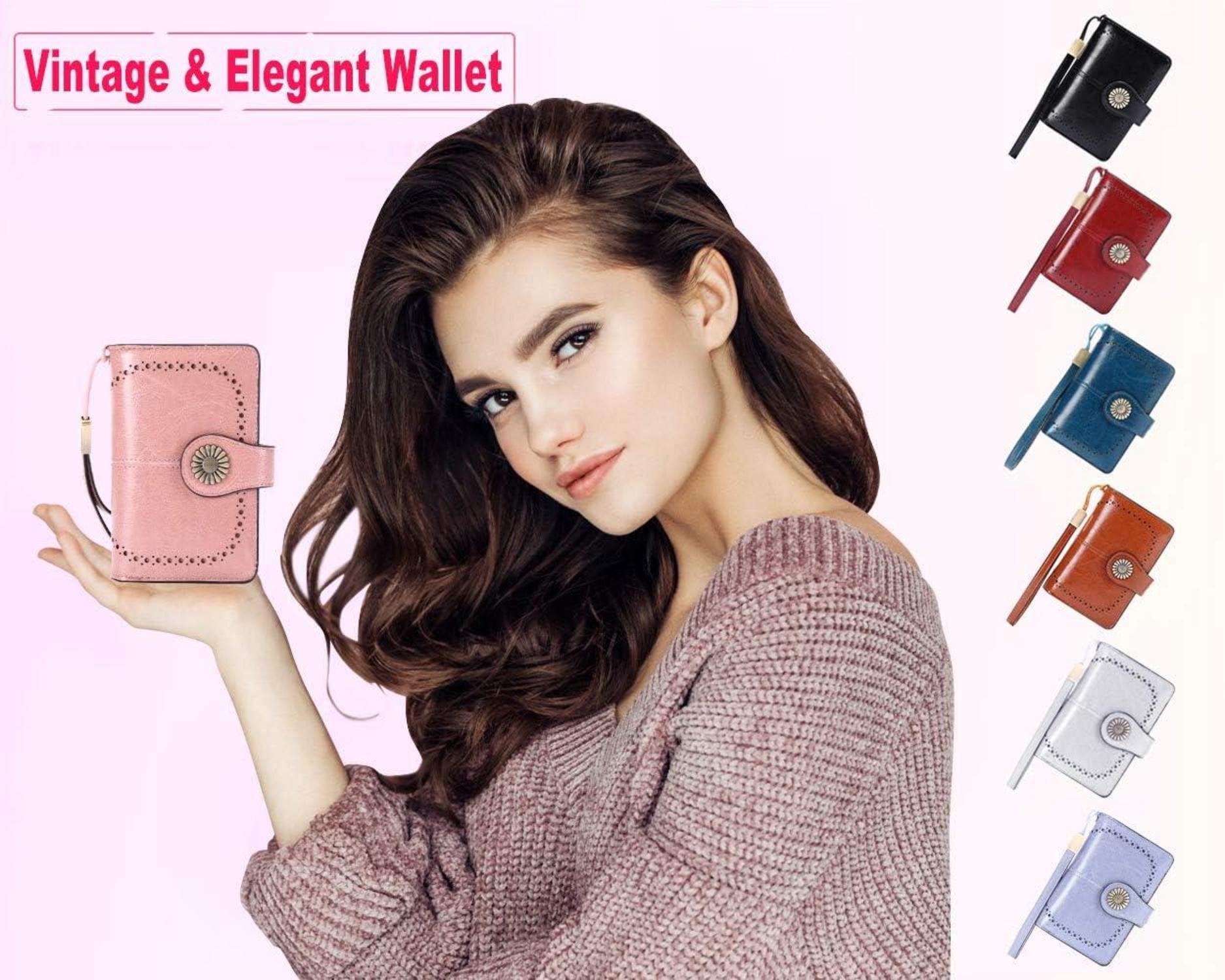 Damen Geldbörse groß Vintage Leder RFID rosa Geldbeutel mit vielen Fächern