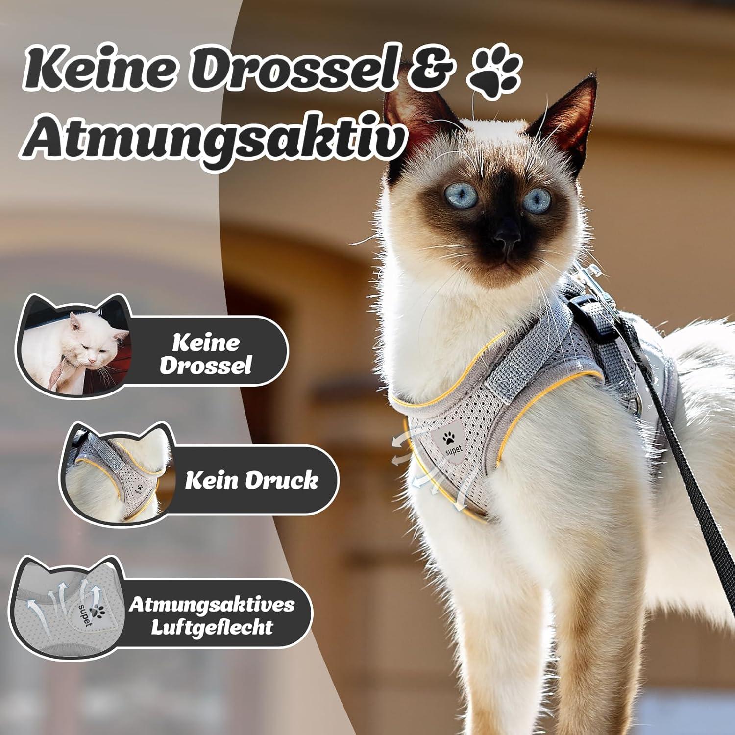 Supet Katzengeschirr mit reflektierendem Band M Grau