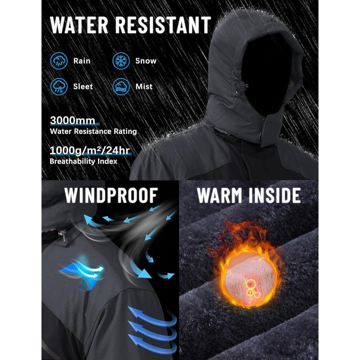 Herren Winterjacke wasserdicht & winddicht mit Fleece-Futter XL Dunkelgrau