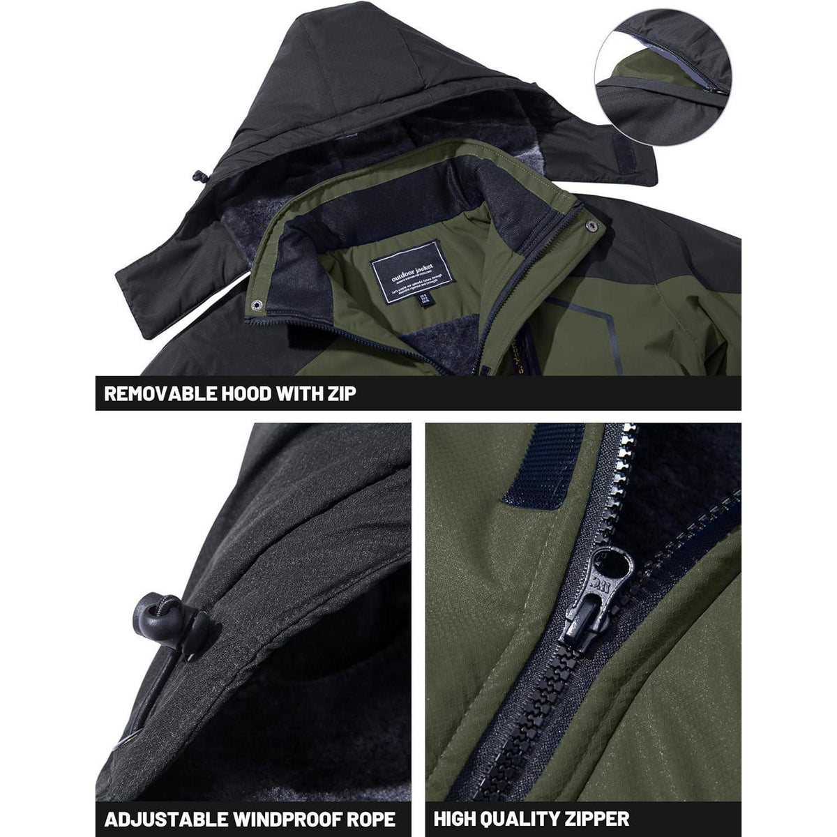 Herren Winterjacke wasserdicht warm gefüttert mit Kapuze Armeegrün L
