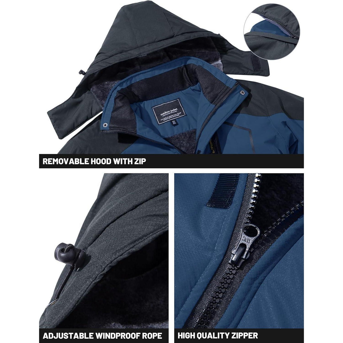 Herren Winterjacke wasserdicht warm gefüttert mit Kapuze Denim Blau
