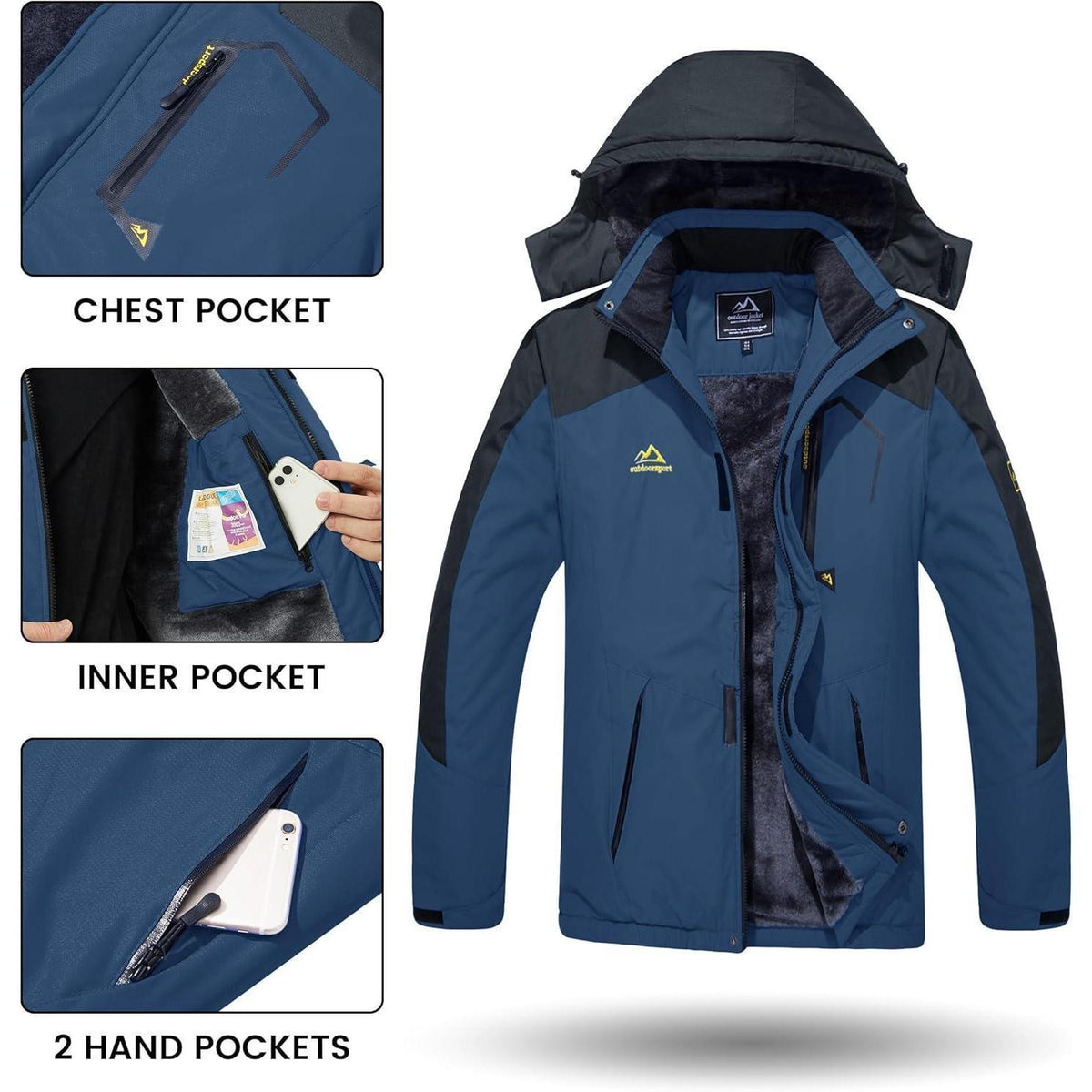 Herren Winterjacke wasserdicht warm gefüttert mit Kapuze Denim Blau