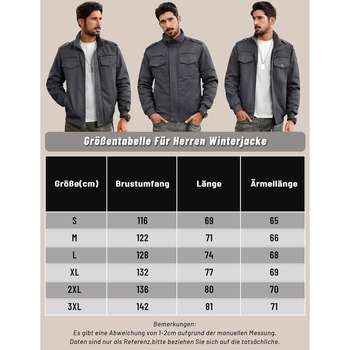 Warme Herren Fleecejacke mit Stehkragen und vielen Taschen Grau XXL
