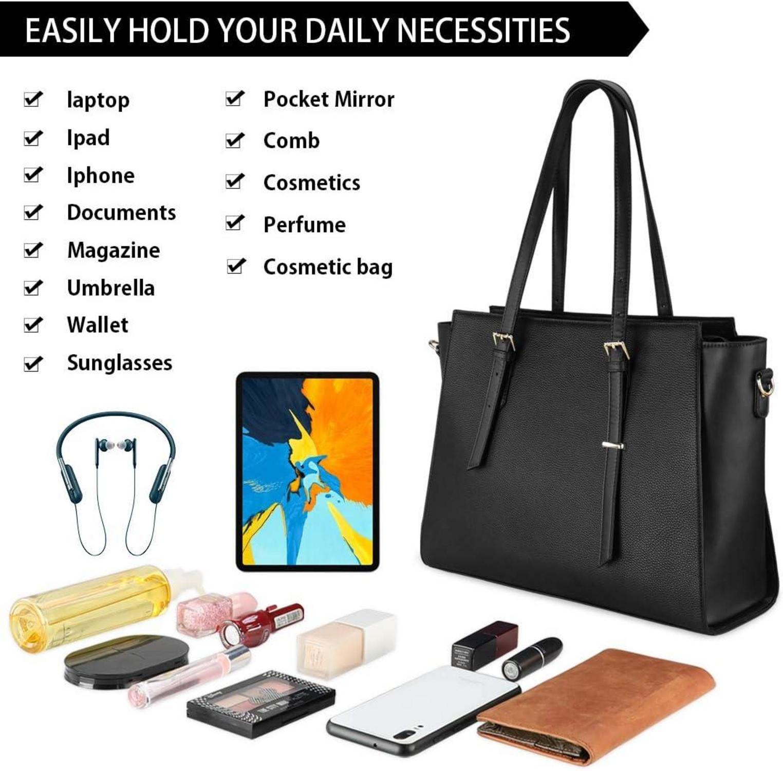 NEWHEY Damen Handtasche Groß Schwarz Leder 15.6 Zoll Laptop Umhängetasche