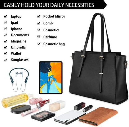 NEWHEY Damen Handtasche Groß Schwarz Leder 15.6 Zoll Laptop Umhängetasche