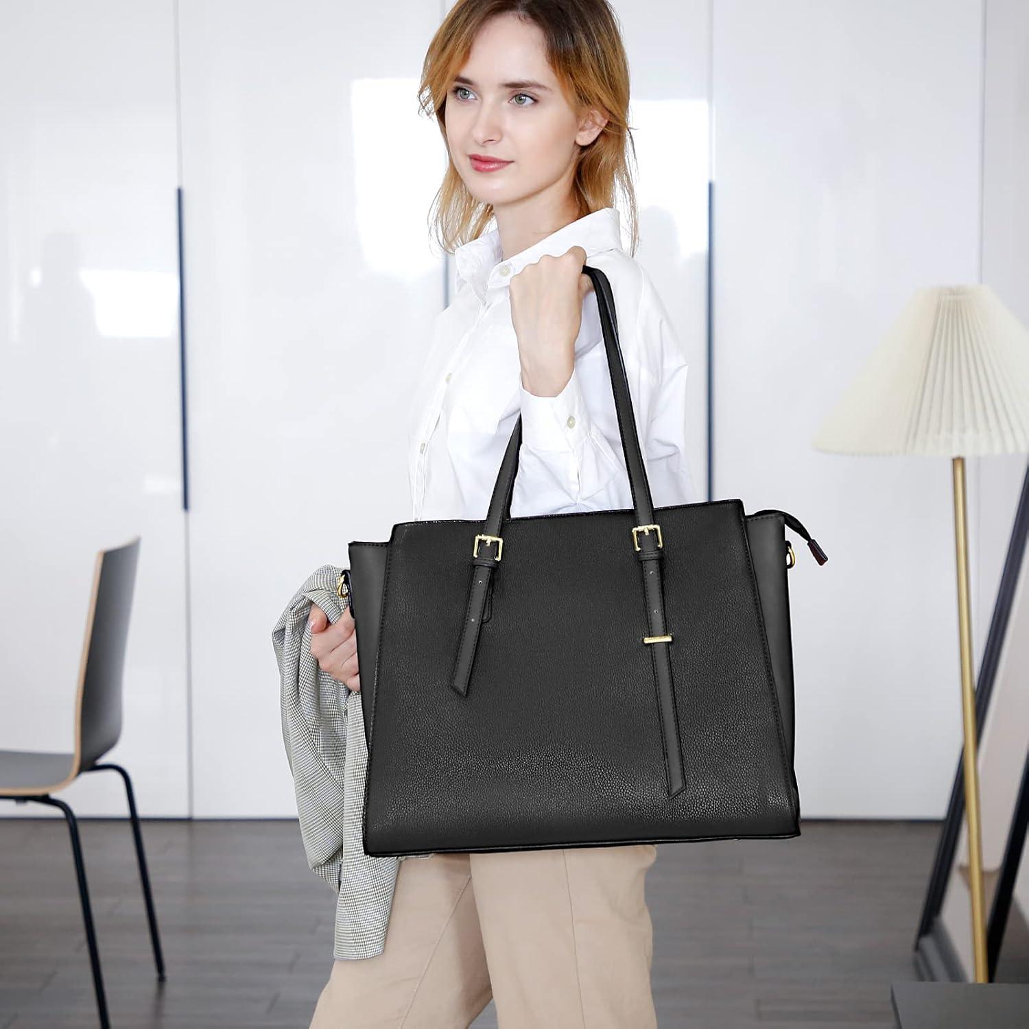Handtasche Damen Schwarz Groß Laptop Umhängetasche 15.6 Zoll Leder