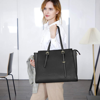 Handtasche Damen Schwarz Groß Laptop Umhängetasche 15.6 Zoll Leder
