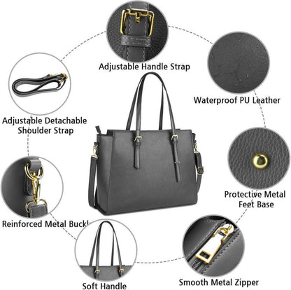 Handtasche Damen Groß Schwarz Leder 15.6 Zoll Laptop Umhängetasche