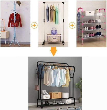 UDEAR Kleiderständer Freistehend Doppelruten Multifunktional Schlafzimmer 4 Haken Schwarz