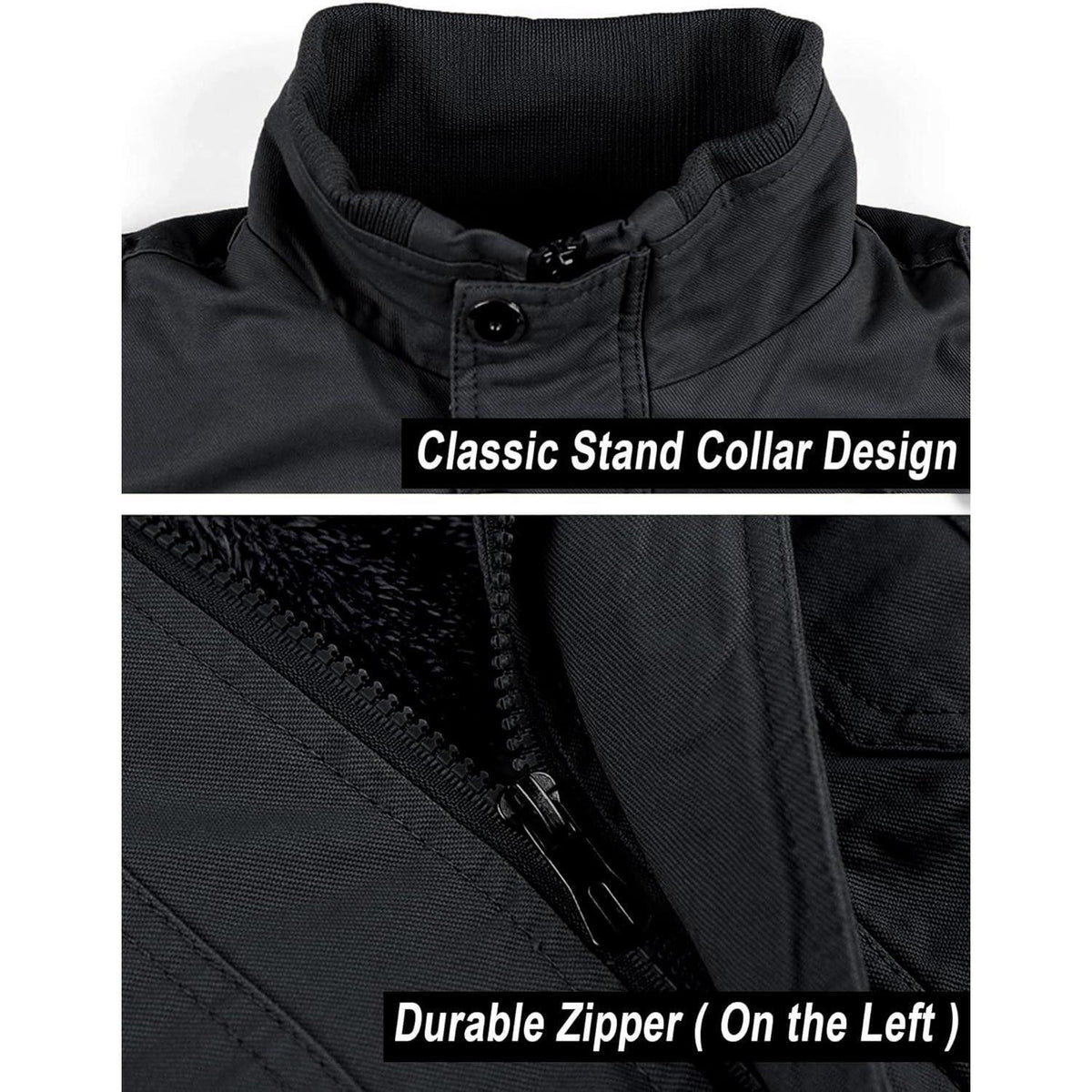 Herren Winterjacke Warm Gefüttert Fleecejacke Cargo Jacke Schwarz