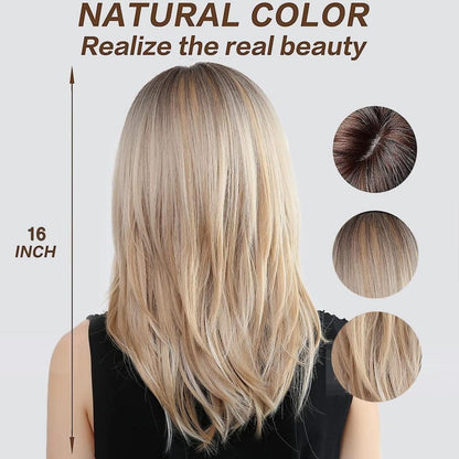 Ombre Blonde Lange Synthetische Haarperücke 16 Zoll Geschichtet Leicht Gebogen