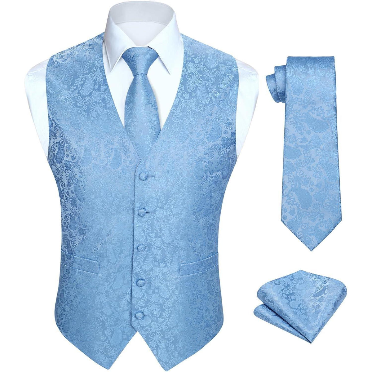 Herren Weste Krawatte Einstecktuch Set Jacquard Hellblau 6XL