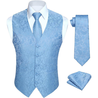 Herren Weste Krawatte Einstecktuch Set Jacquard Hellblau 6XL