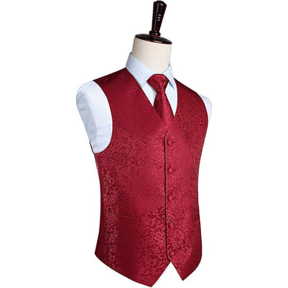 Herren Weste Krawatte Einstecktuch Set Jacquard Burgunder 3XL