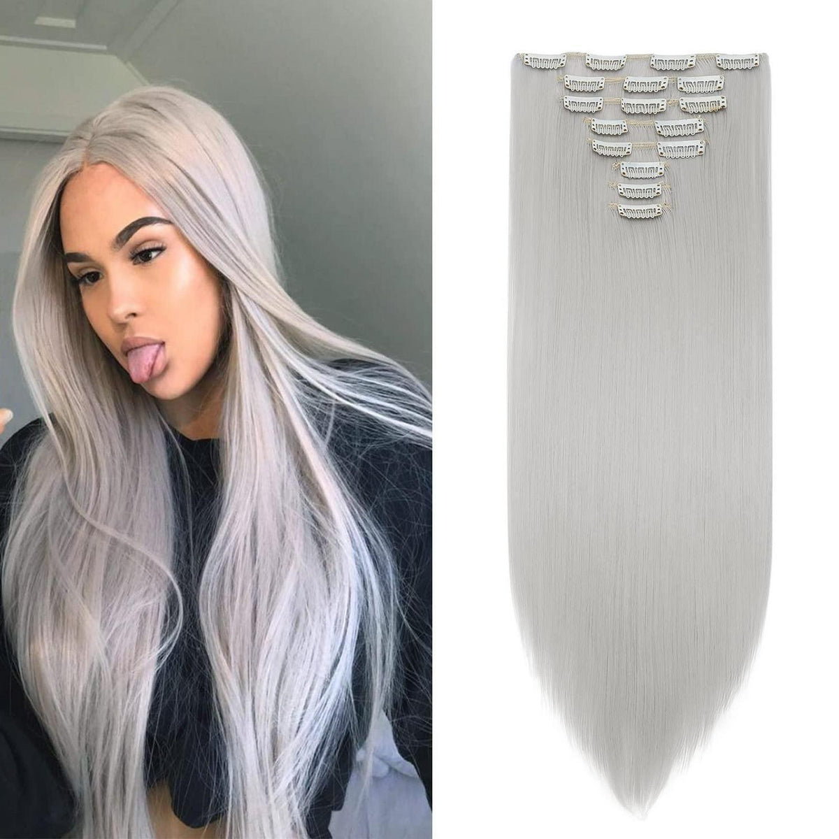 Hellgraue Haarverlängerung Clip-In 70cm – Volumenset