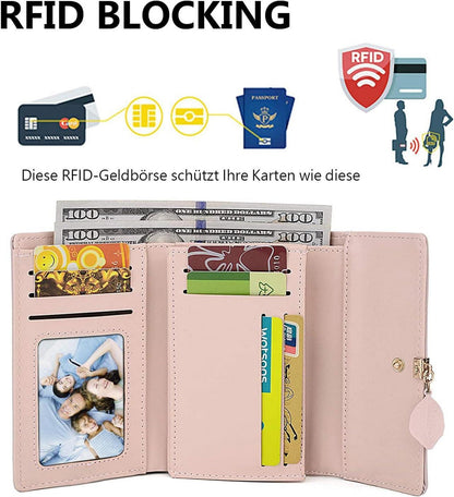 ANYWN Damen Geldbörse Portemonnaie Leder 8 Fächer Schwarz - 14cm x 2.5cm x 8.5cm