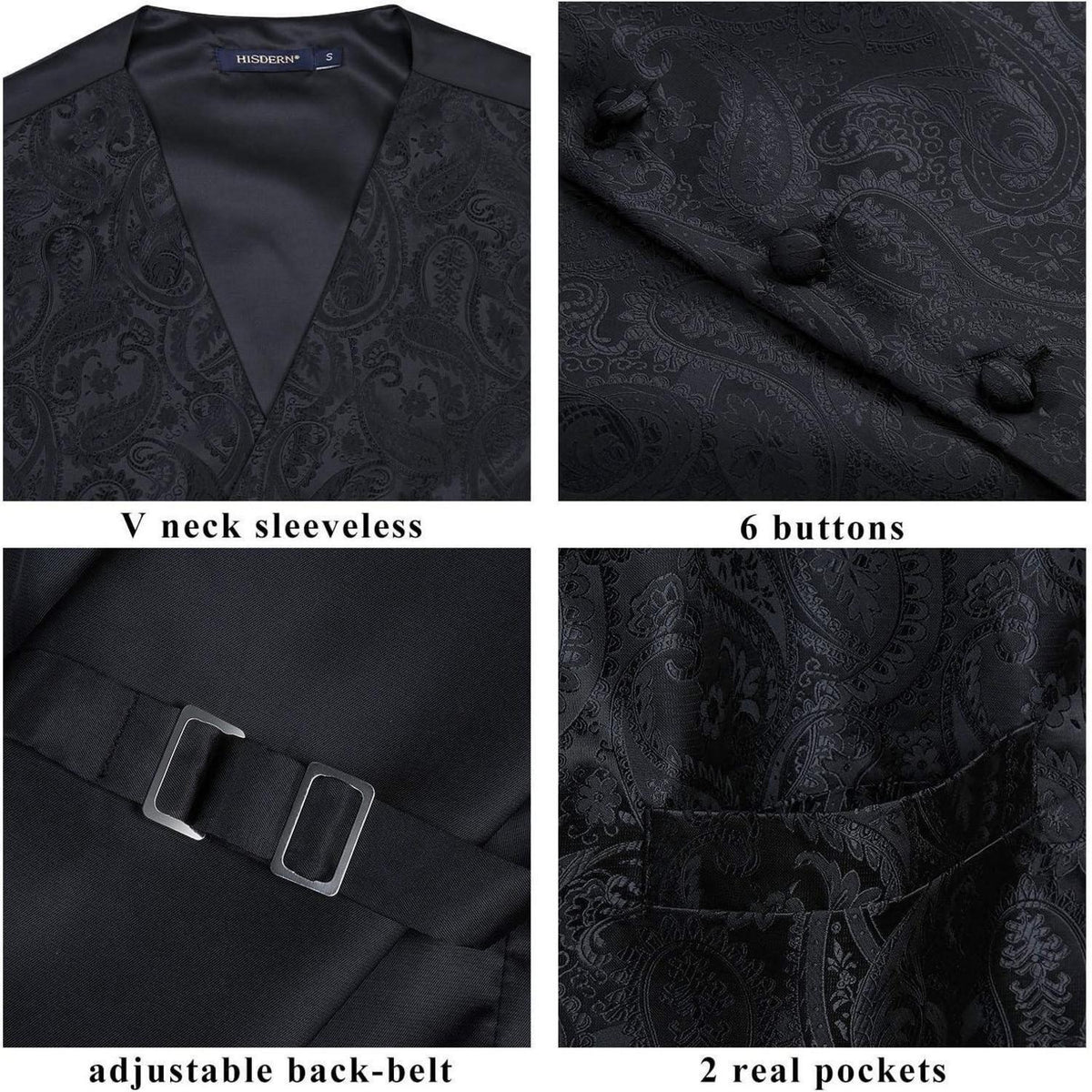 Herren Weste Krawatte Einstecktuch Set Paisley Jacquard 4XL Schwarz