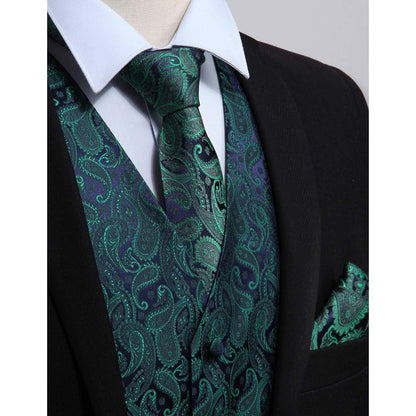 Herren Weste Krawatte Einstecktuch Set Paisley Floral Jacquard Grün 3XL