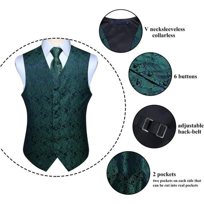 Herren Weste Krawatte Einstecktuch Set Paisley Floral Jacquard Grün 3XL