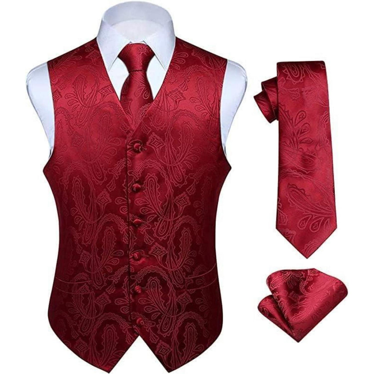 Herren Weste Krawatte Einstecktuch Set Paisley Floral Jacquard C-Burgund