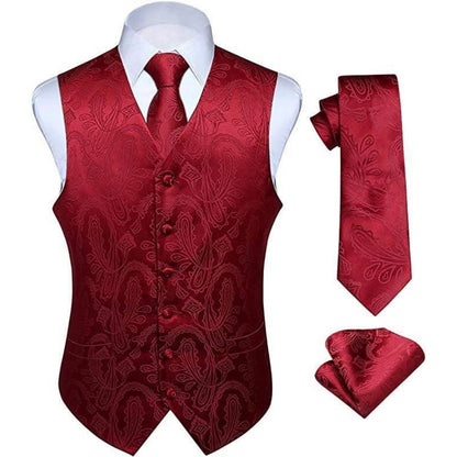 Herren Weste Krawatte Einstecktuch Set Paisley Floral Jacquard C-Burgund