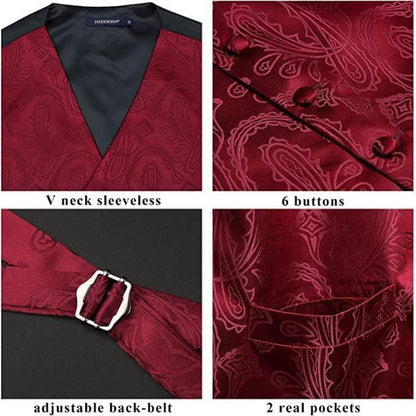 Herren Weste Krawatte Einstecktuch Set Paisley Floral Jacquard C-Burgund