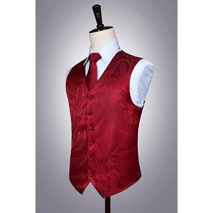 Herren Weste Krawatte Einstecktuch Set Paisley Floral Jacquard C-Burgund